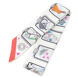 Hermes Twilly Muffler/Scarf Story HERMES STORY White Grease Rouge 100% Silk